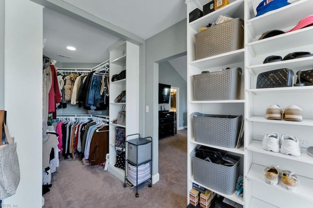 walk in closet with light carpet