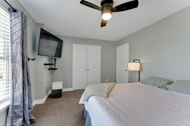 bedroom with ceiling fan, multiple windows, and a closet