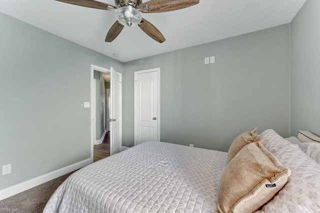 bedroom featuring ceiling fan and carpet flooring