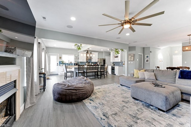 living room featuring ceiling fan and light hardwood / wood-style flooring