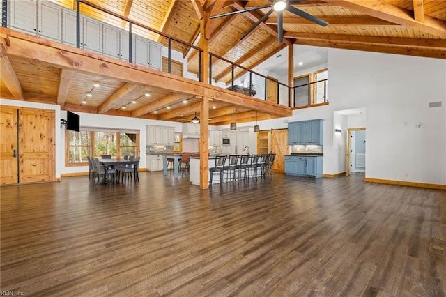 unfurnished living room with ceiling fan, beam ceiling, wood ceiling, high vaulted ceiling, and dark hardwood / wood-style flooring