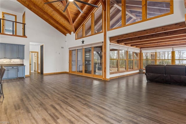 living room with ceiling fan, dark hardwood / wood-style floors, beam ceiling, wood ceiling, and high vaulted ceiling