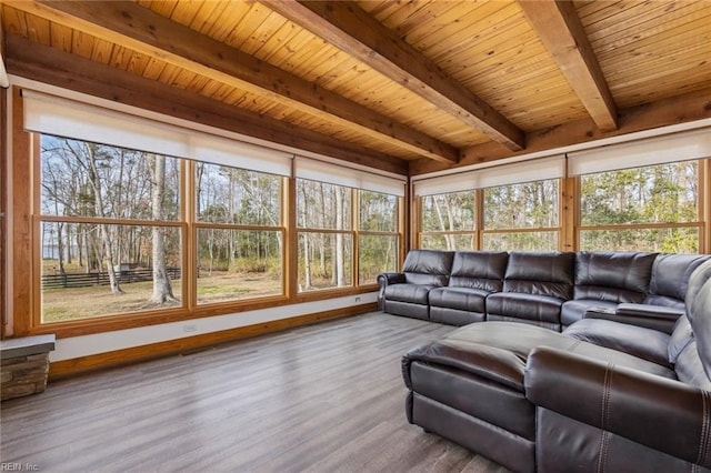 sunroom with wooden ceiling and beamed ceiling