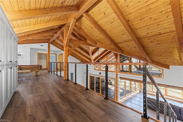 corridor featuring vaulted ceiling with beams, dark hardwood / wood-style floors, and wooden ceiling