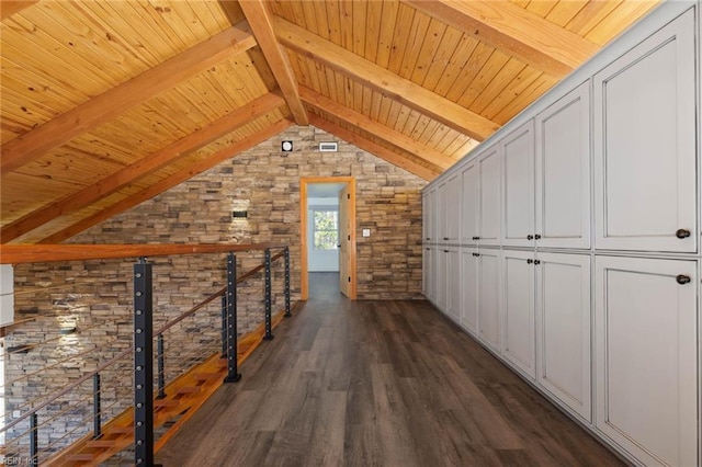 hall with dark wood-type flooring, lofted ceiling with beams, and wood ceiling