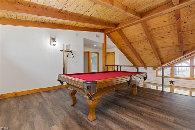 playroom with hardwood / wood-style flooring, pool table, wood ceiling, and vaulted ceiling with beams