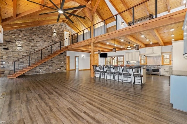 unfurnished living room featuring wooden ceiling, sink, dark hardwood / wood-style flooring, high vaulted ceiling, and beamed ceiling