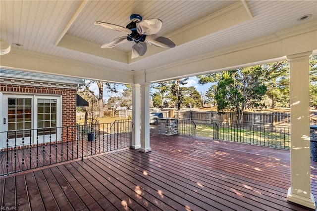 wooden deck featuring ceiling fan