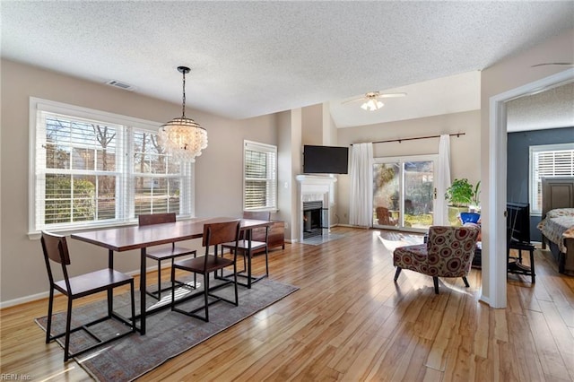 dining space featuring ceiling fan with notable chandelier, a textured ceiling, plenty of natural light, and light hardwood / wood-style flooring