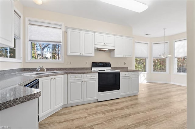 kitchen with an inviting chandelier, white cabinetry, hanging light fixtures, and electric stove