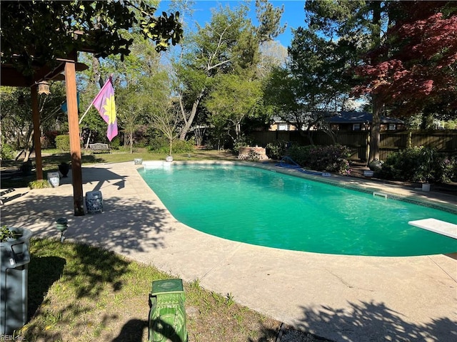 view of pool featuring a patio and a diving board