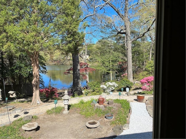 view of yard with a water view