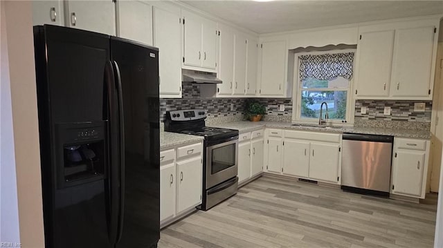 kitchen with sink, stainless steel appliances, and white cabinetry