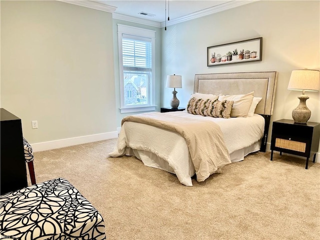 carpeted bedroom with ornamental molding