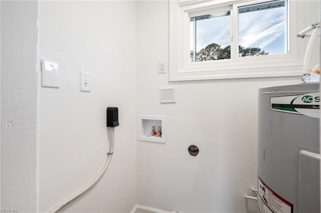 laundry room featuring electric dryer hookup, water heater, and washer hookup