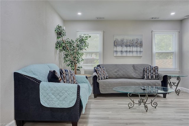 living room featuring a wealth of natural light and light wood-type flooring