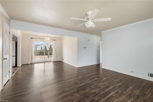 spare room with crown molding, ceiling fan with notable chandelier, and dark hardwood / wood-style floors