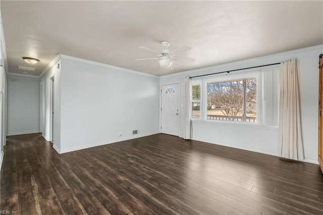 unfurnished living room featuring ceiling fan, ornamental molding, and dark hardwood / wood-style floors