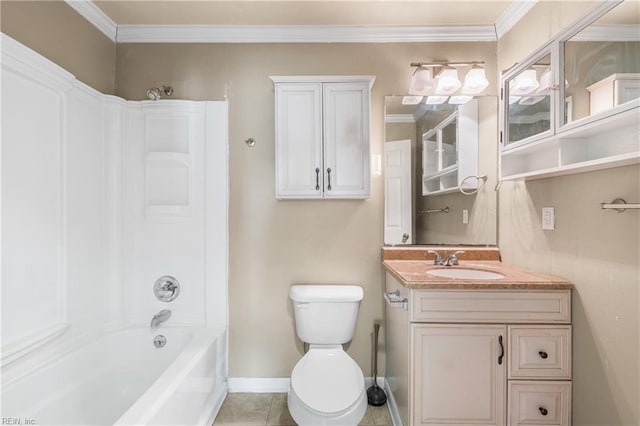 full bathroom with toilet, vanity, ornamental molding, and washtub / shower combination