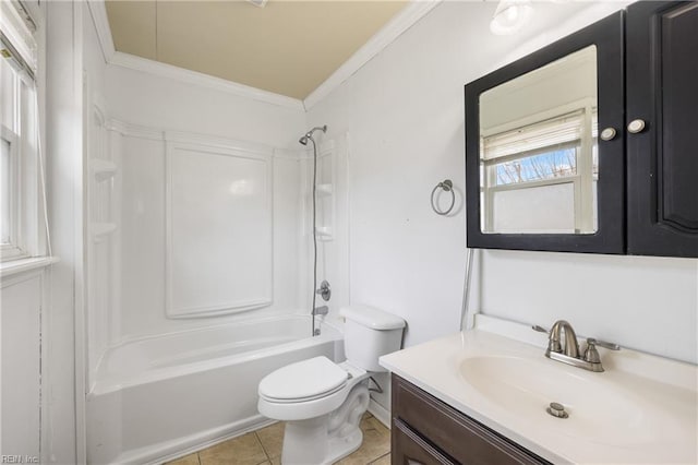 full bathroom with tile patterned floors, vanity, toilet, ornamental molding, and shower / bathtub combination