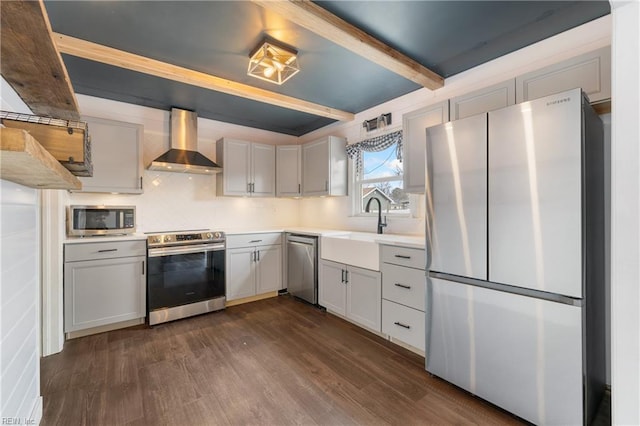 kitchen featuring dark wood-type flooring, stainless steel appliances, decorative backsplash, ventilation hood, and beam ceiling