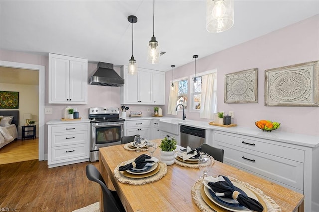 kitchen featuring sink, dark hardwood / wood-style flooring, stainless steel appliances, white cabinets, and wall chimney exhaust hood