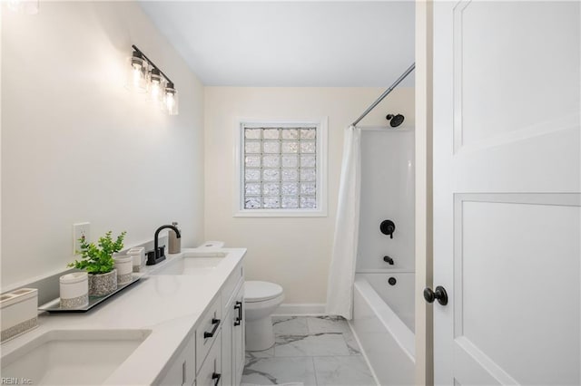 full bathroom with toilet, shower / bathtub combination with curtain, and vanity