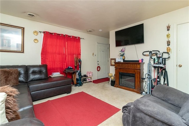 living room with light colored carpet