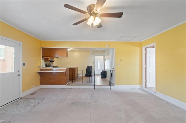 unfurnished living room featuring light carpet, ceiling fan, and crown molding