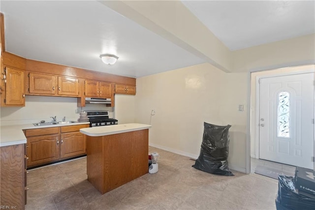 kitchen with sink, a center island, and stainless steel range with gas stovetop