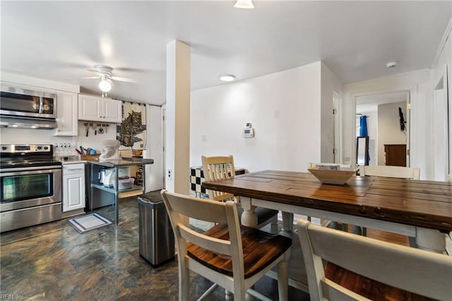 kitchen featuring white cabinets, stainless steel appliances, backsplash, and ceiling fan