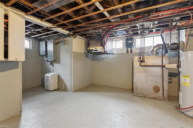 basement with electric panel and electric water heater