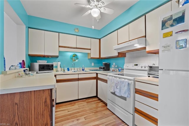 kitchen with ceiling fan, light hardwood / wood-style floors, sink, white appliances, and white cabinetry