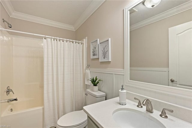 full bathroom with toilet, vanity, ornamental molding, and shower / bath combination with curtain