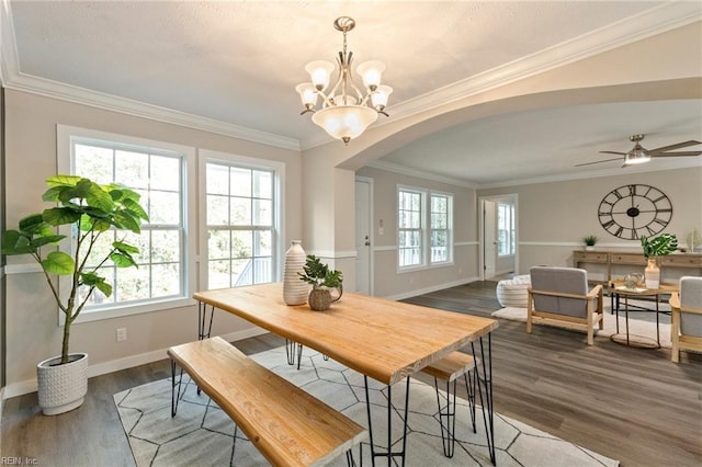 dining area with ceiling fan with notable chandelier, ornamental molding, a wealth of natural light, and dark wood-type flooring