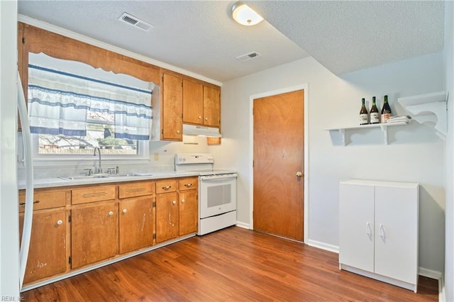 kitchen with light hardwood / wood-style floors, sink, white range with electric stovetop, and a textured ceiling