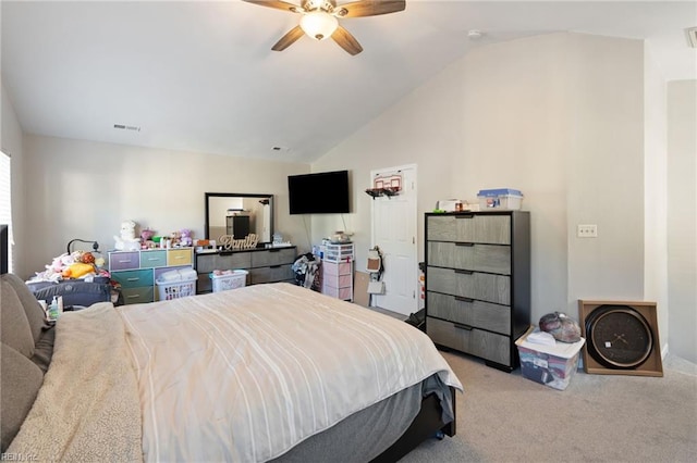 carpeted bedroom featuring ceiling fan and lofted ceiling