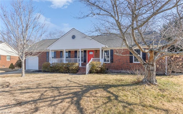 single story home with a front lawn, a garage, and a porch