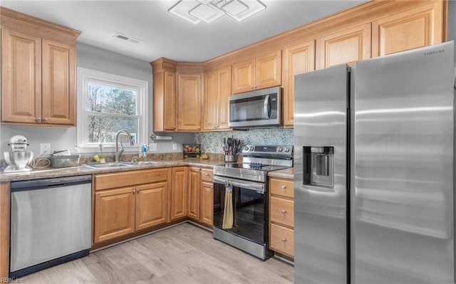 kitchen with backsplash, stone counters, sink, light wood-type flooring, and appliances with stainless steel finishes