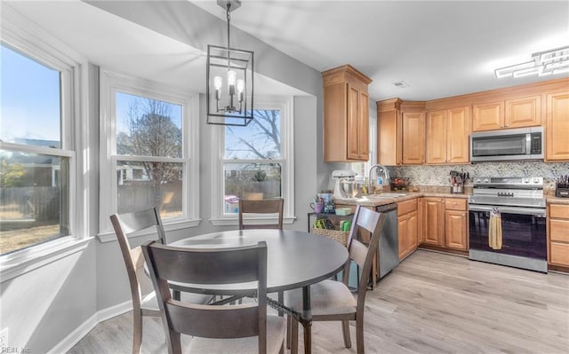 kitchen with pendant lighting, stainless steel appliances, an inviting chandelier, decorative backsplash, and sink