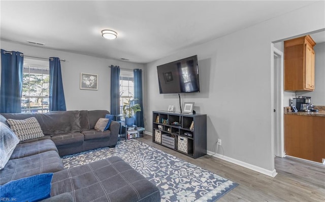 living room with a healthy amount of sunlight and hardwood / wood-style flooring