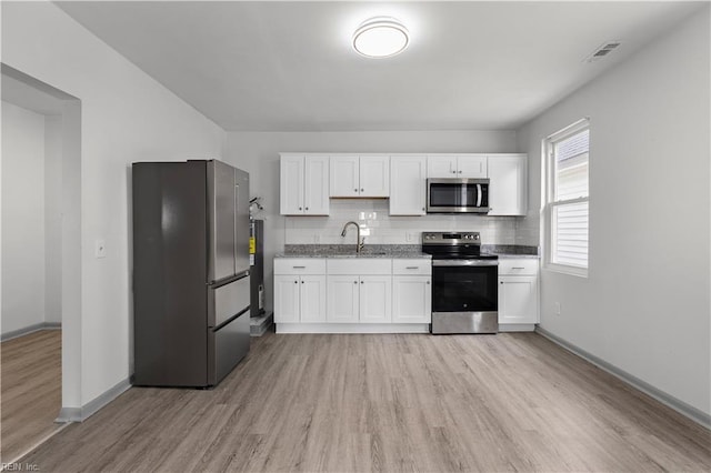 kitchen featuring backsplash, light hardwood / wood-style floors, sink, white cabinetry, and stainless steel appliances