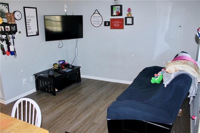 living room with electric panel and dark hardwood / wood-style flooring