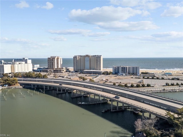 aerial view featuring a water view