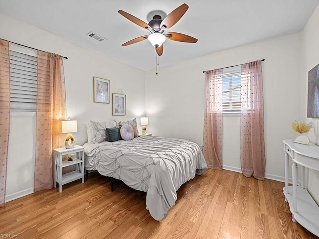 bedroom featuring ceiling fan and light hardwood / wood-style flooring