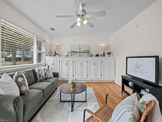 living room featuring ceiling fan and light hardwood / wood-style floors