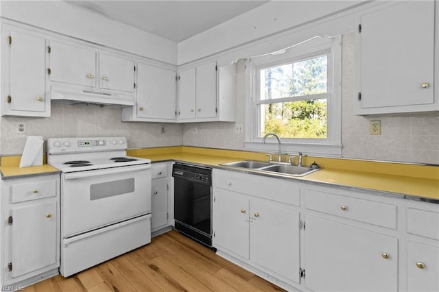 kitchen featuring dishwasher, white cabinetry, white range with electric cooktop, light hardwood / wood-style floors, and sink