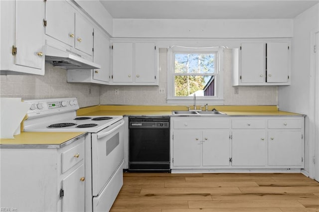 kitchen featuring dishwasher, white cabinetry, white range with electric stovetop, decorative backsplash, and sink