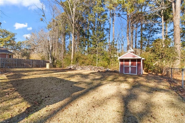 view of yard with a storage shed