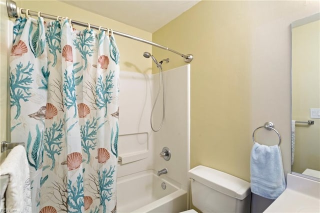 bathroom with toilet and shower / bathtub combination with curtain